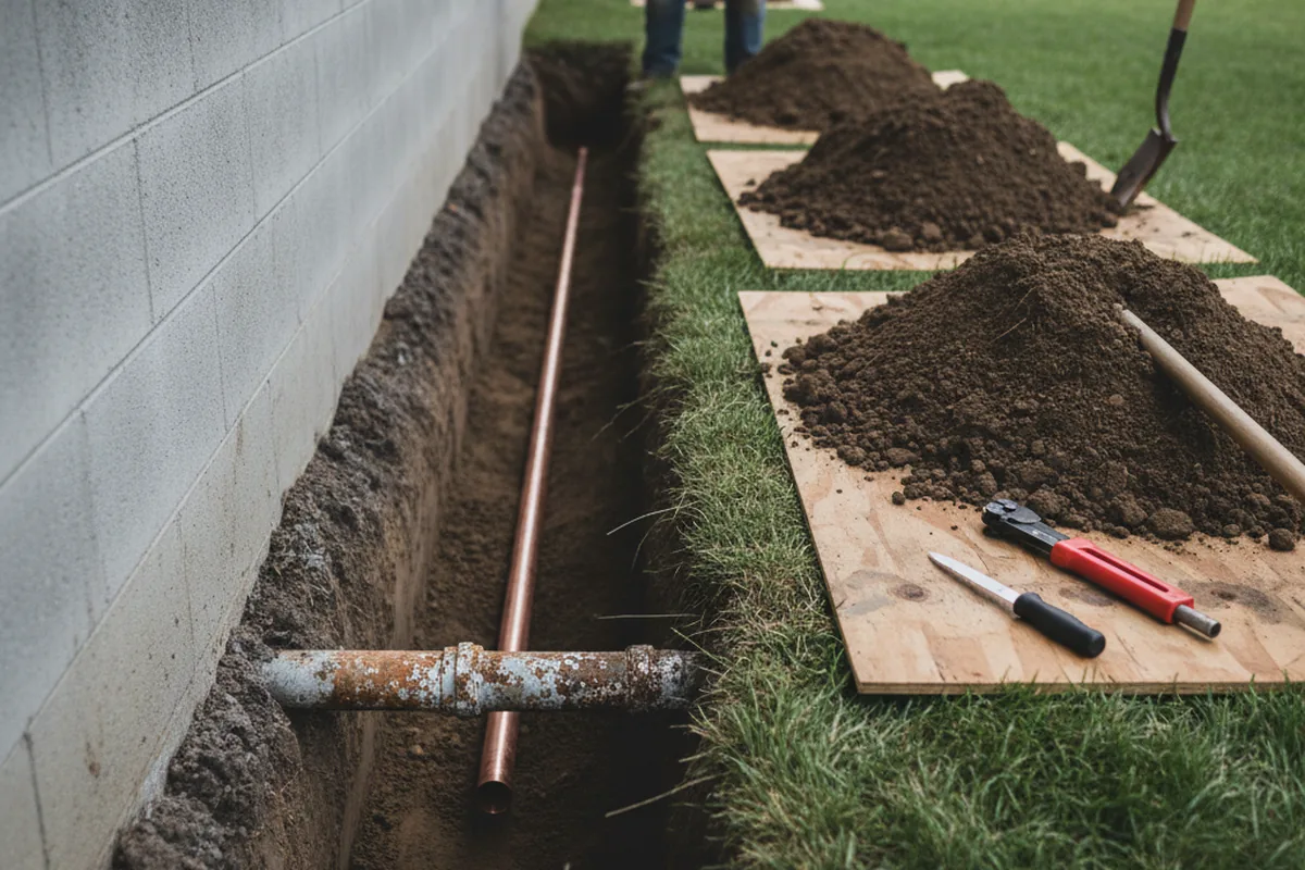 Excavated water line trench during Sewer Line Repair in Uncasville